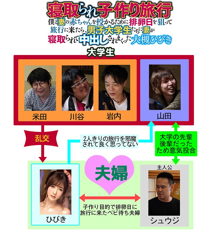 寝取られ子作り旅行 僕と妻の赤ちゃんを授かるために排卵日を狙って旅行に来たら、男子大学生たちに妻が寝取られて中出しされまくった 大槻ひびき大槻ひびき